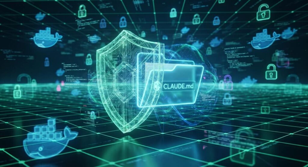 CLAUDE.md configuration and isolated Docker container security for AI coding agents.