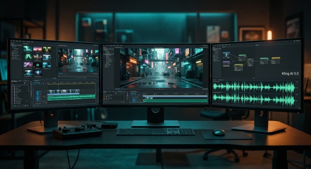 kling ai 3.0 review: A cinematic film director studio workstation with 3 monitors displaying AI video timelines and audio waveforms.